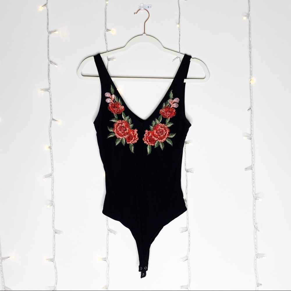 deep v neck floral embroidered bodysuit